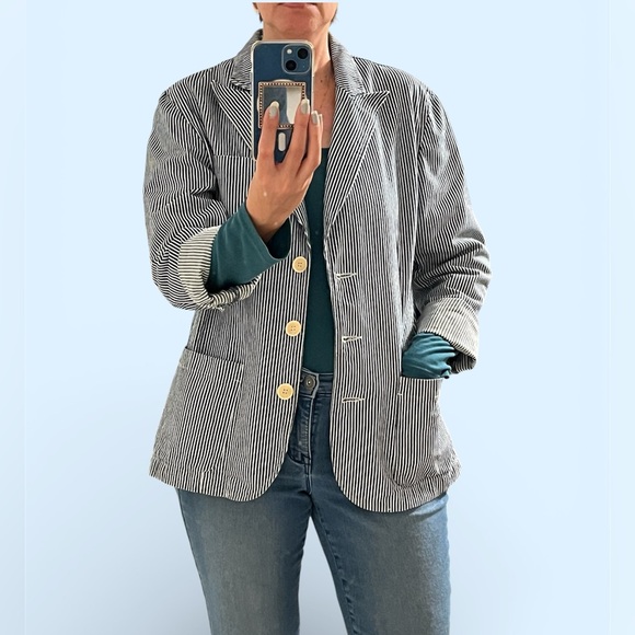 Jones New York Sport blue & white striped denim jacket 100% cotton. 3 pockets. L - Picture 2 of 13